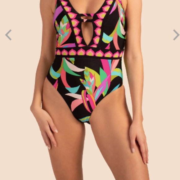 New! Trina Turk Birds of Paradise Plunge One-Piece Swimsuit Women's Size 14 - Picture 3 of 9